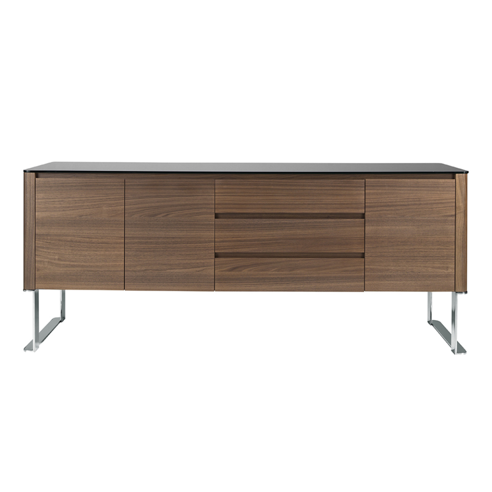 Aparador Madera Chapada Nogal Tapa Cristal Negro Colección Elegance