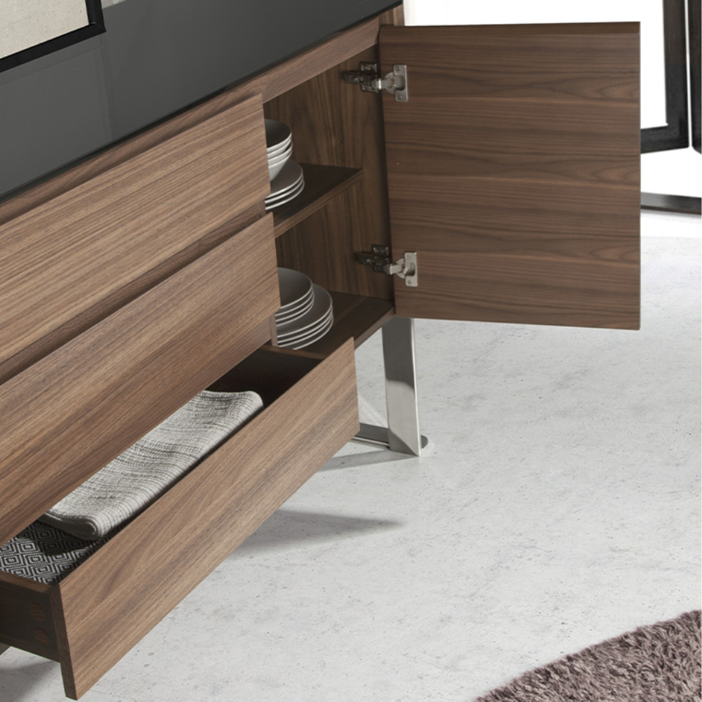 Aparador Madera Chapada Nogal Tapa Cristal Negro Colección Elegance