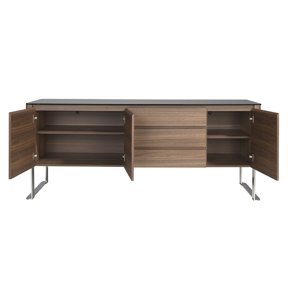 Aparador Madera Chapada Nogal Tapa Cristal Negro Colección Elegance