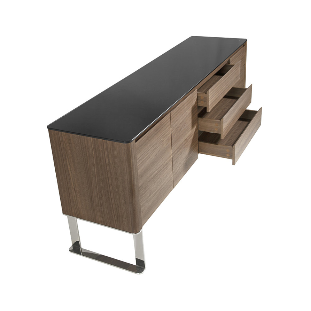 Aparador Madera Chapada Nogal Tapa Cristal Negro Colección Elegance