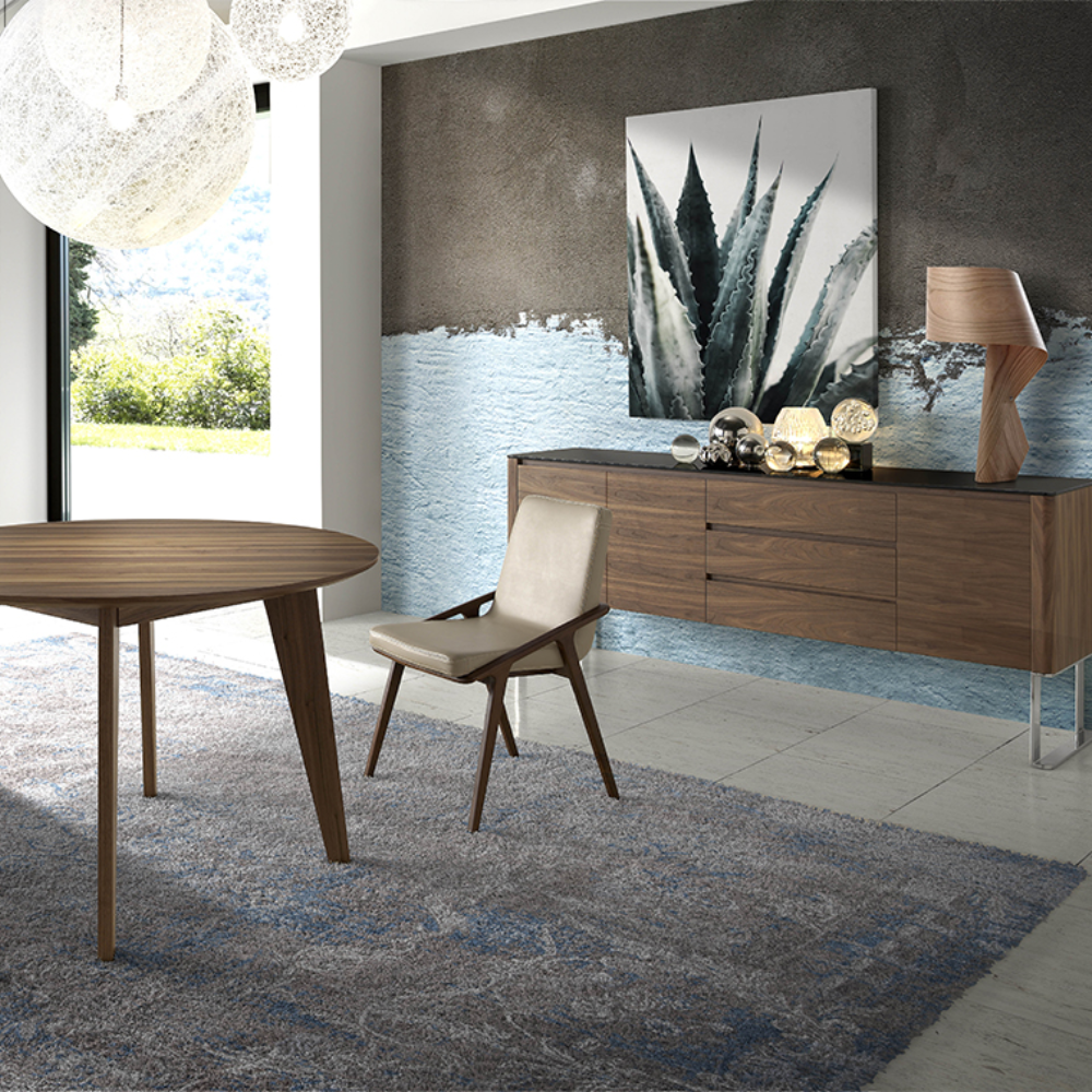 Aparador Madera Chapada Nogal Tapa Cristal Negro Colección Elegance