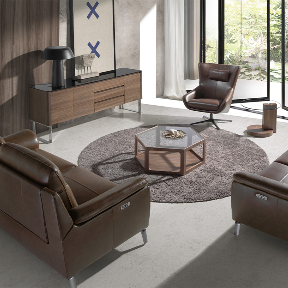Aparador Madera Chapada Nogal Tapa Cristal Negro Colección Elegance