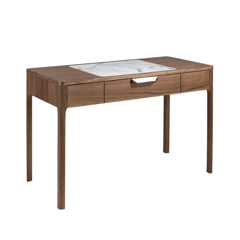 Escritorio tocador nogal con tapa de cristal imitación mármol