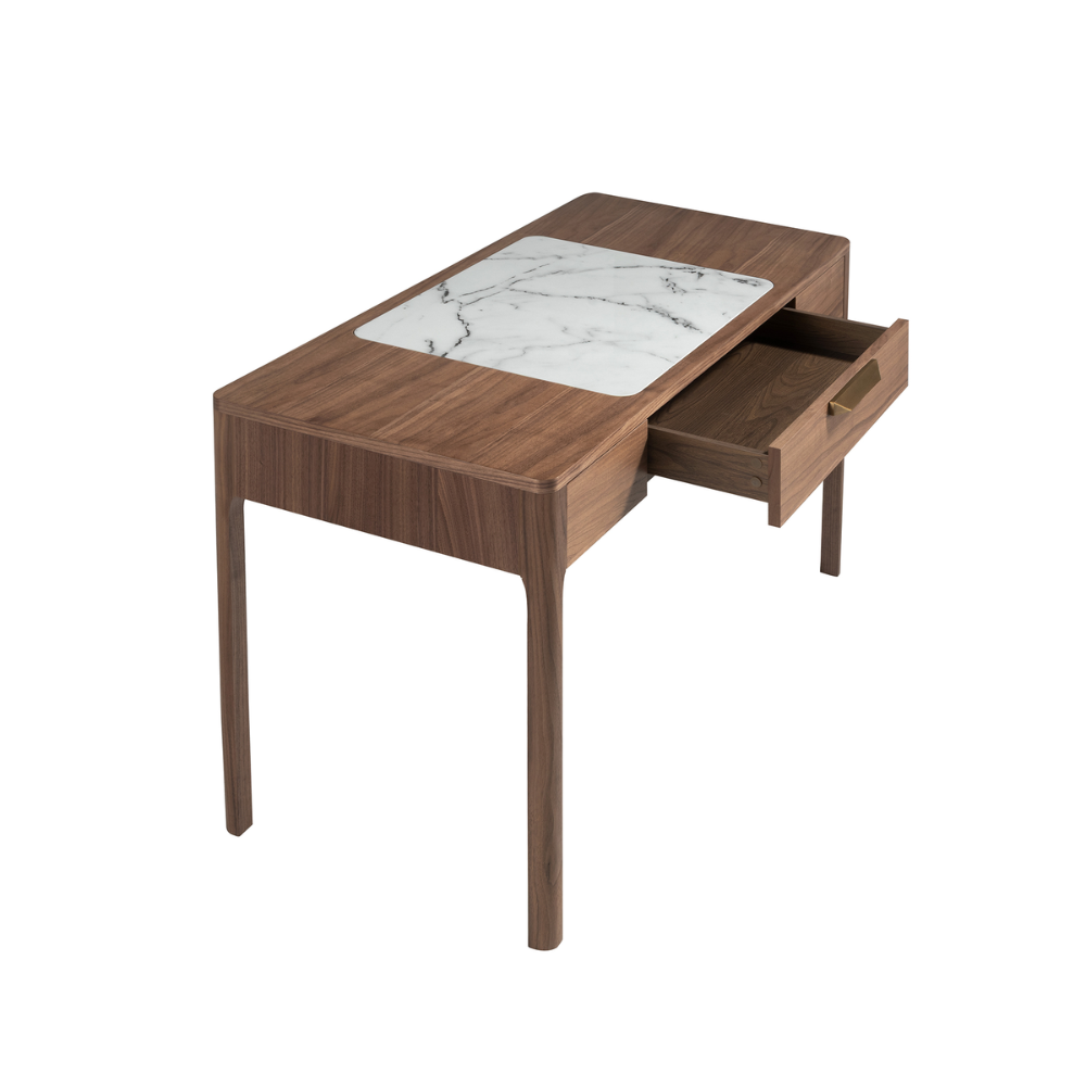 Escritorio tocador nogal con tapa de cristal imitación mármol