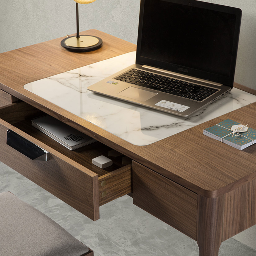 Escritorio tocador nogal con tapa de cristal imitación mármol