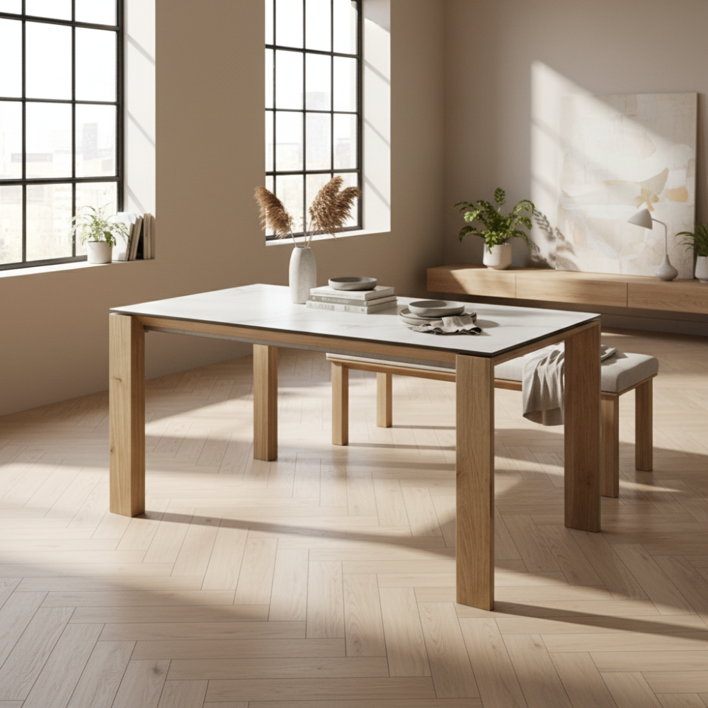 Mesa comedor de diseño extensible modelo IN-C tapa porcelánico