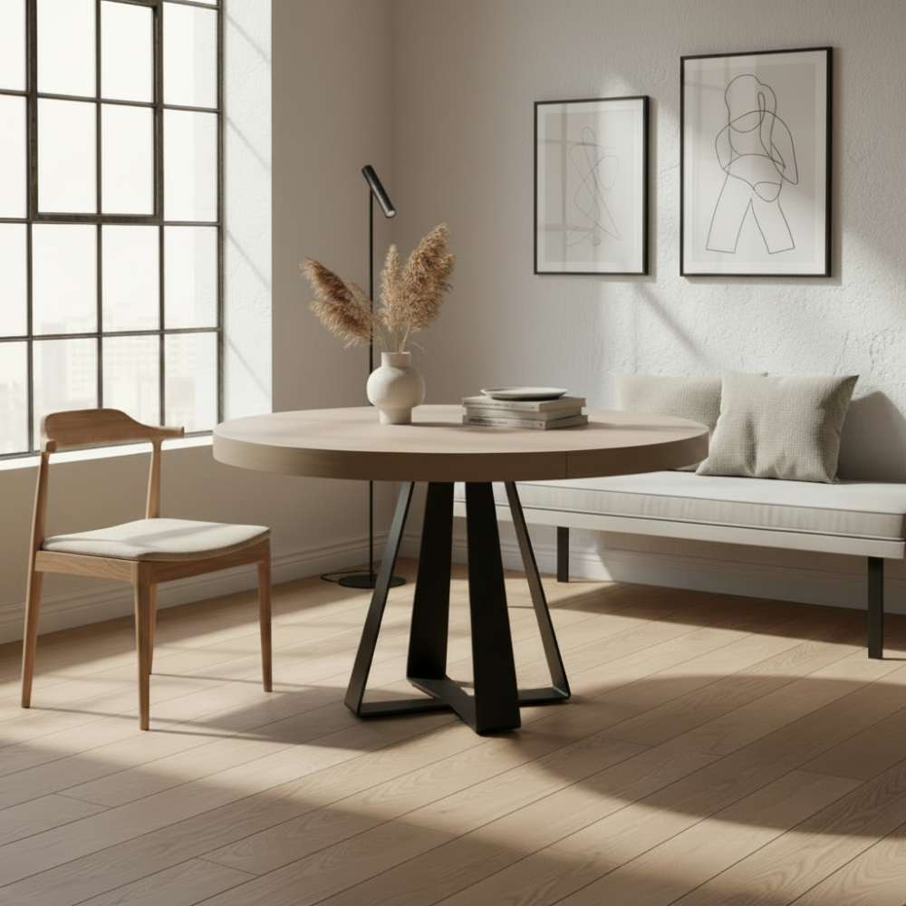 Mesa comedor de diseño circular extensible modelo IN-R tapa madera
