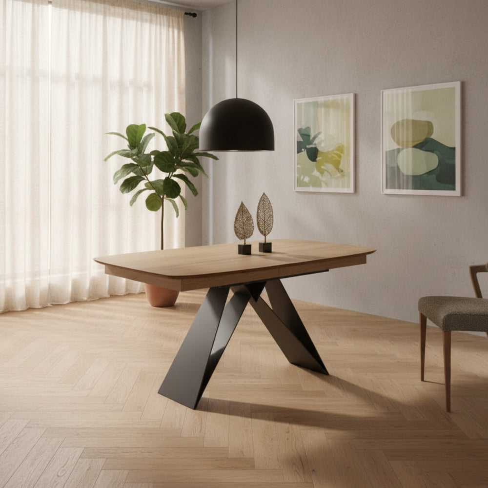 Mesa comedor de diseño extensible modelo IN-YKK tapa madera