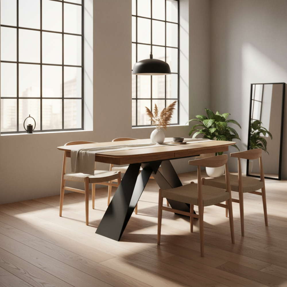 Mesa comedor de diseño extensible modelo IN-YKK tapa madera