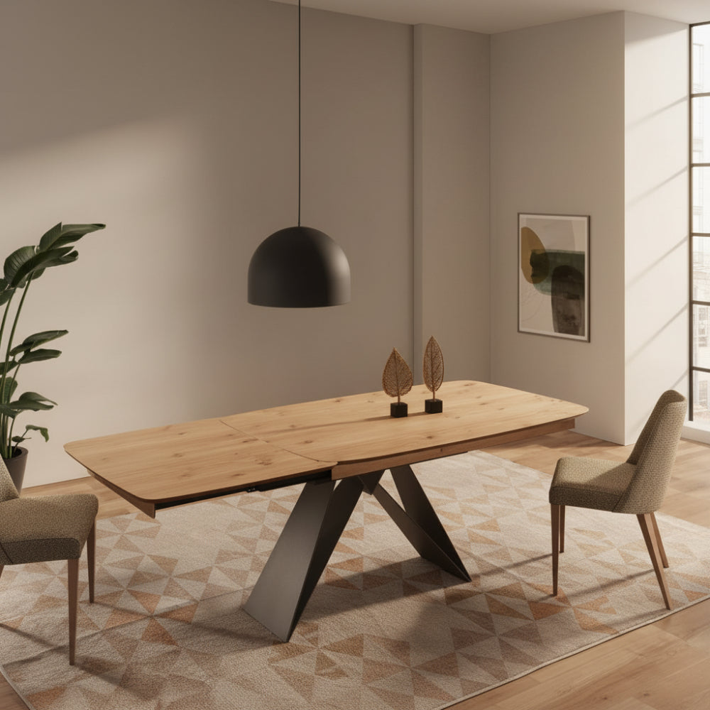 Mesa comedor de diseño extensible modelo IN-YKK tapa madera