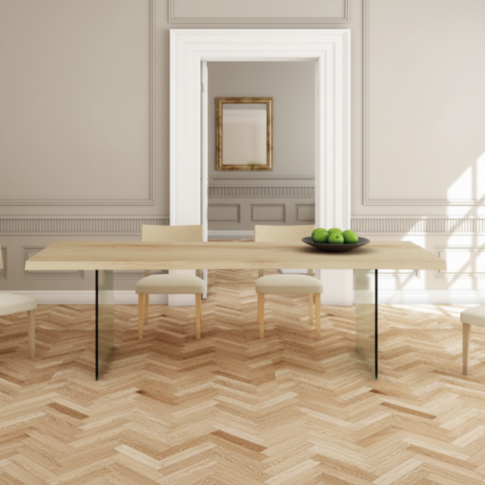Mesa comedor de diseño modelo July Pie Cristal tapa cantos con forma