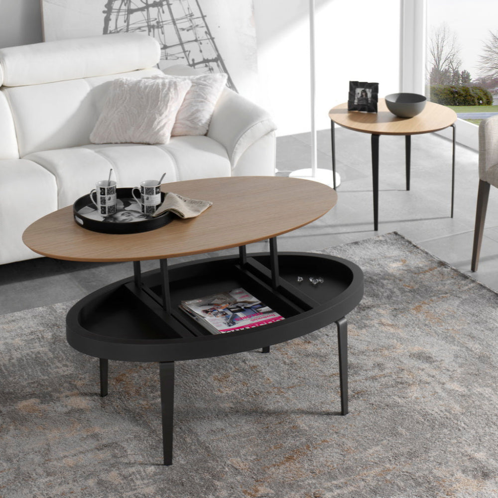 mesa de centro de diseño eliptico elevable mostrada abierta en la imagen disponible en sidivani