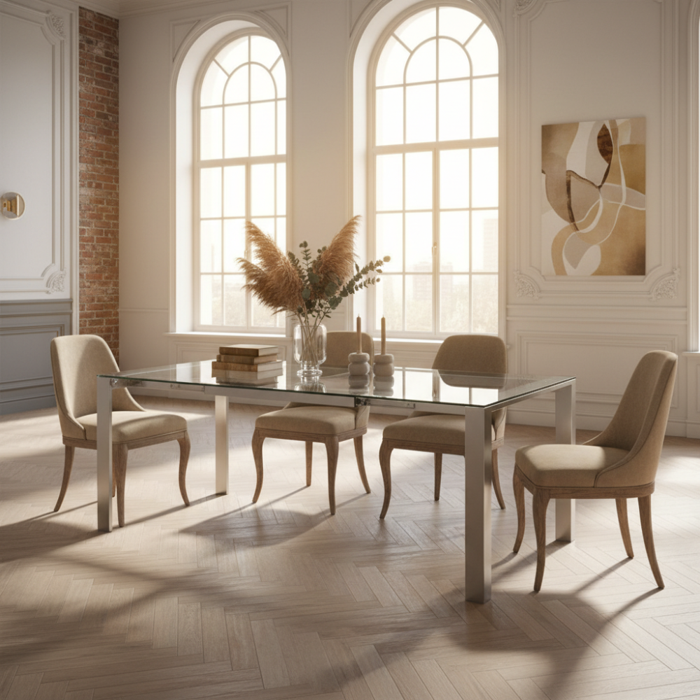 Mesa de comedor extensible modelo Aloa cristal