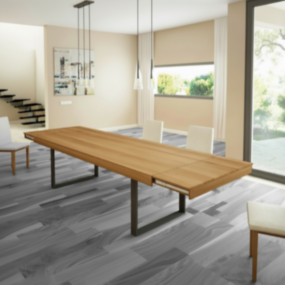 Mesa comedor extensible de diseño modelo Rebeca Pie Escuadra tapa roble
