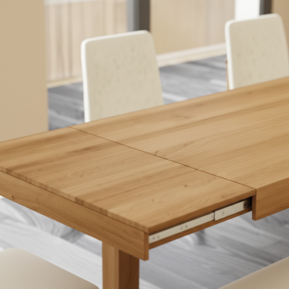 Mesa comedor extensible de diseño modelo Rebeca Pie Noelia tapa roble