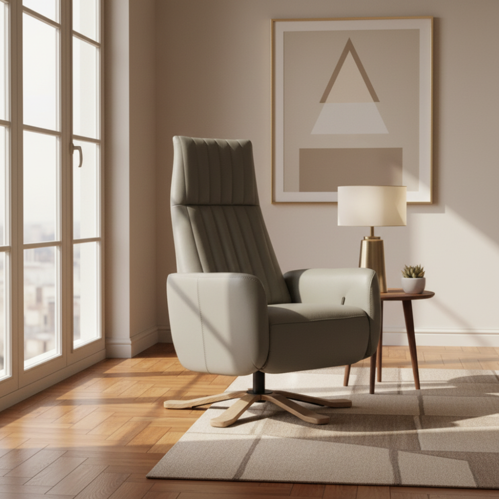 Sillón Relax giratoria de diseño modelo SEVENTY en piel natural flor