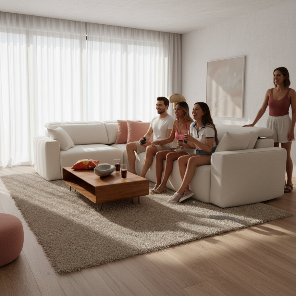 Sofá rinconera de tela blanca con reposacabezas reclinado en salón disponible en Sidivani