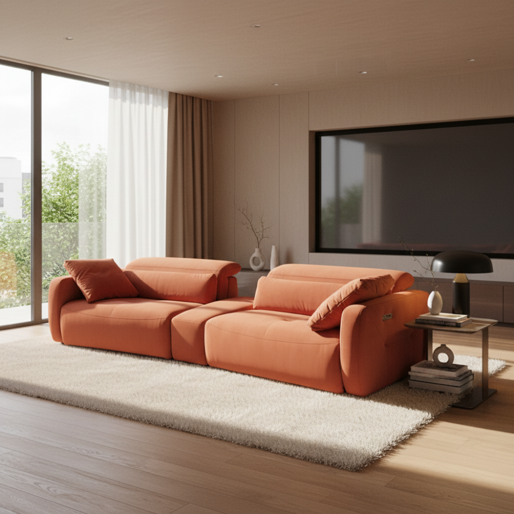 Home cinema con asientos relax modelo BOSSANOVA en tela aterciopelada Aquaclean