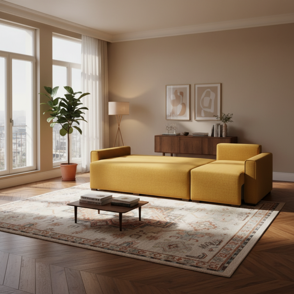 Sofá cama con Chaiselongue sistema hop y almacenaje modelo SODI