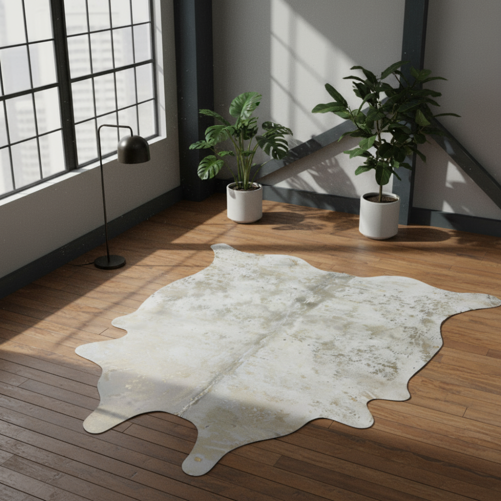 Alfombra de diseño en piel Devoré en Dorado con detalles plateados