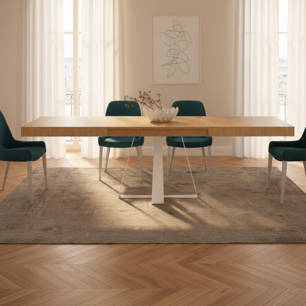 Mesa comedor de diseño extensible modelo IN-CRS tapa madera