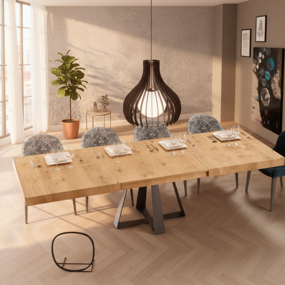 Mesa comedor de diseño extensible modelo IN-CRS tapa madera