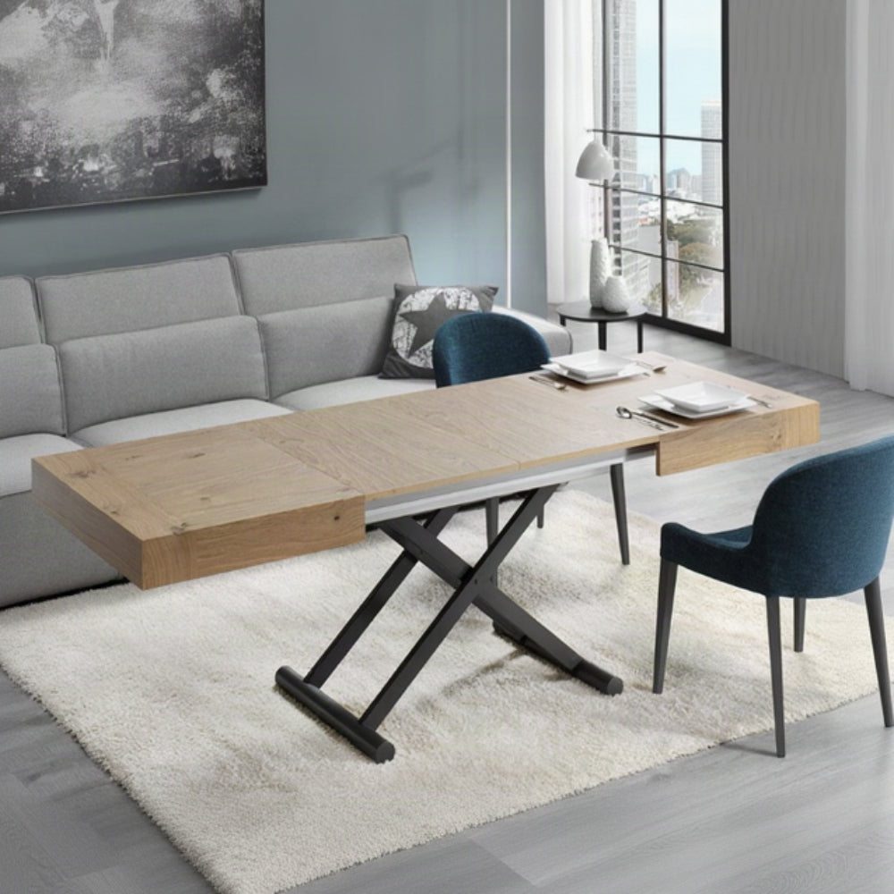 Mesa Centro Convertible en Mesa Comedor y Extensible Modelo IN-CTV Tapa de Madera