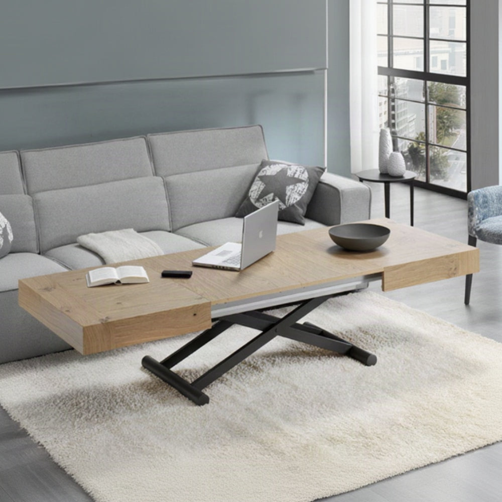 Mesa Centro Convertible en Mesa Comedor y Extensible Modelo IN-CTV Tapa de Madera