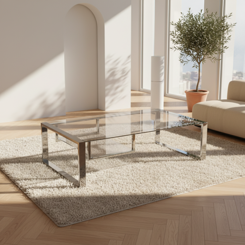 Mesa de centro con tapa cristal y revistero flotante