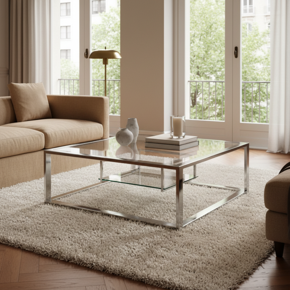 Mesa de centro con tapa cristal y revistero flotante