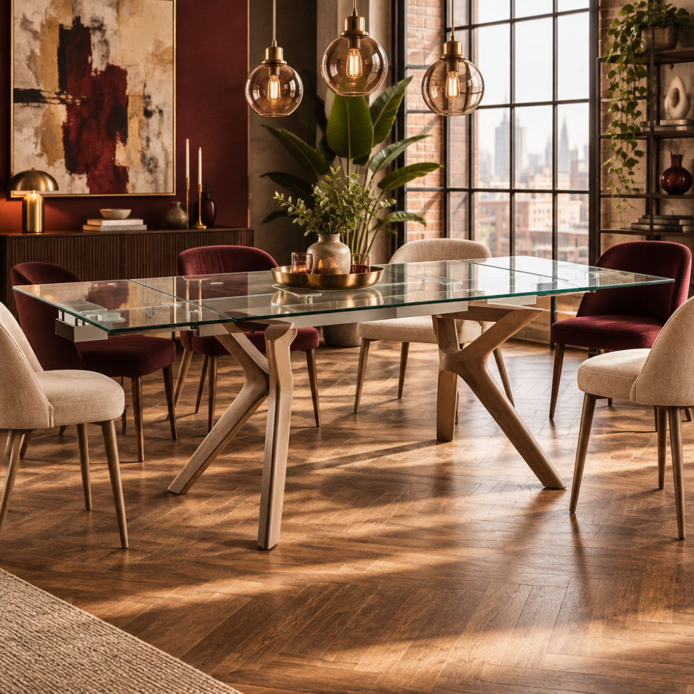 Mesa de Comedor Extensible Modelo NC-LN EXT GLASS Tapa de Cristal