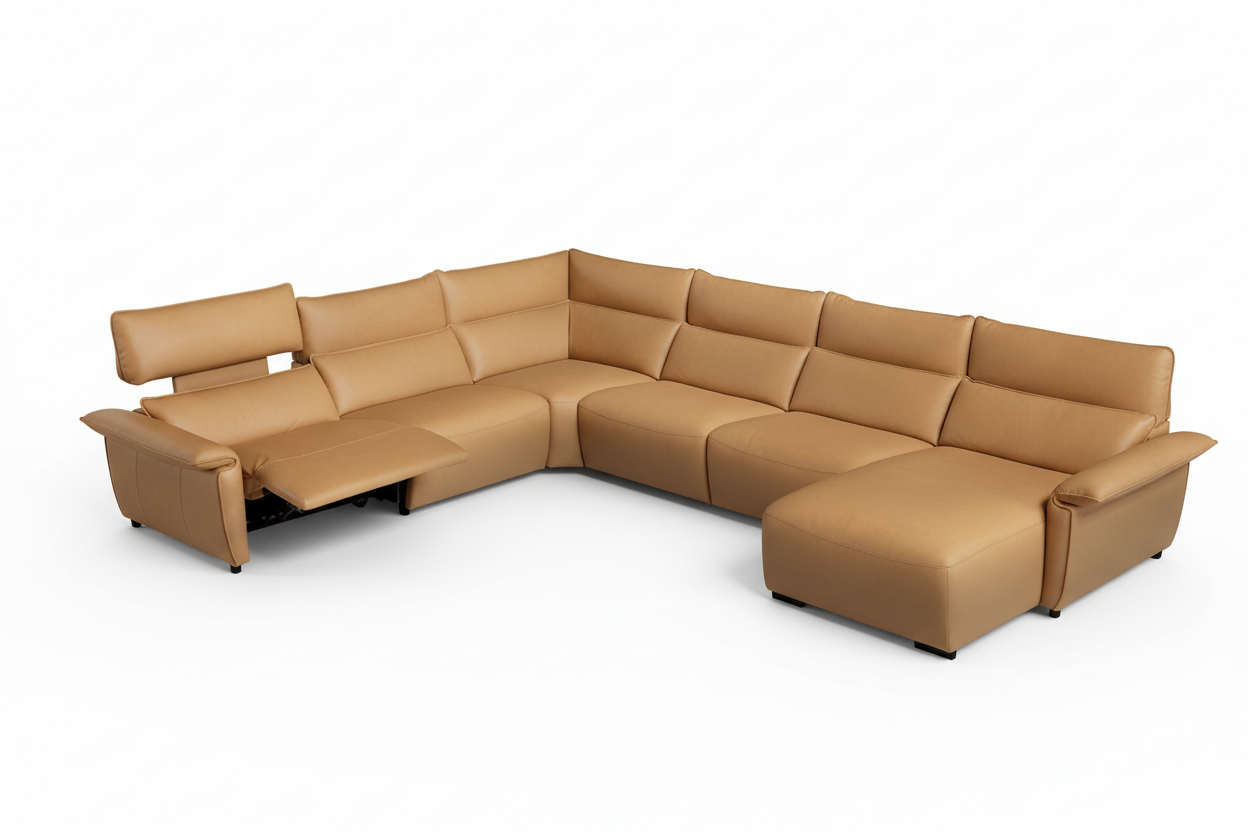 Rinconera con chaiselongue modelo PUGLIA con cabezal eléctrico ajustable y asiento relax en Piel