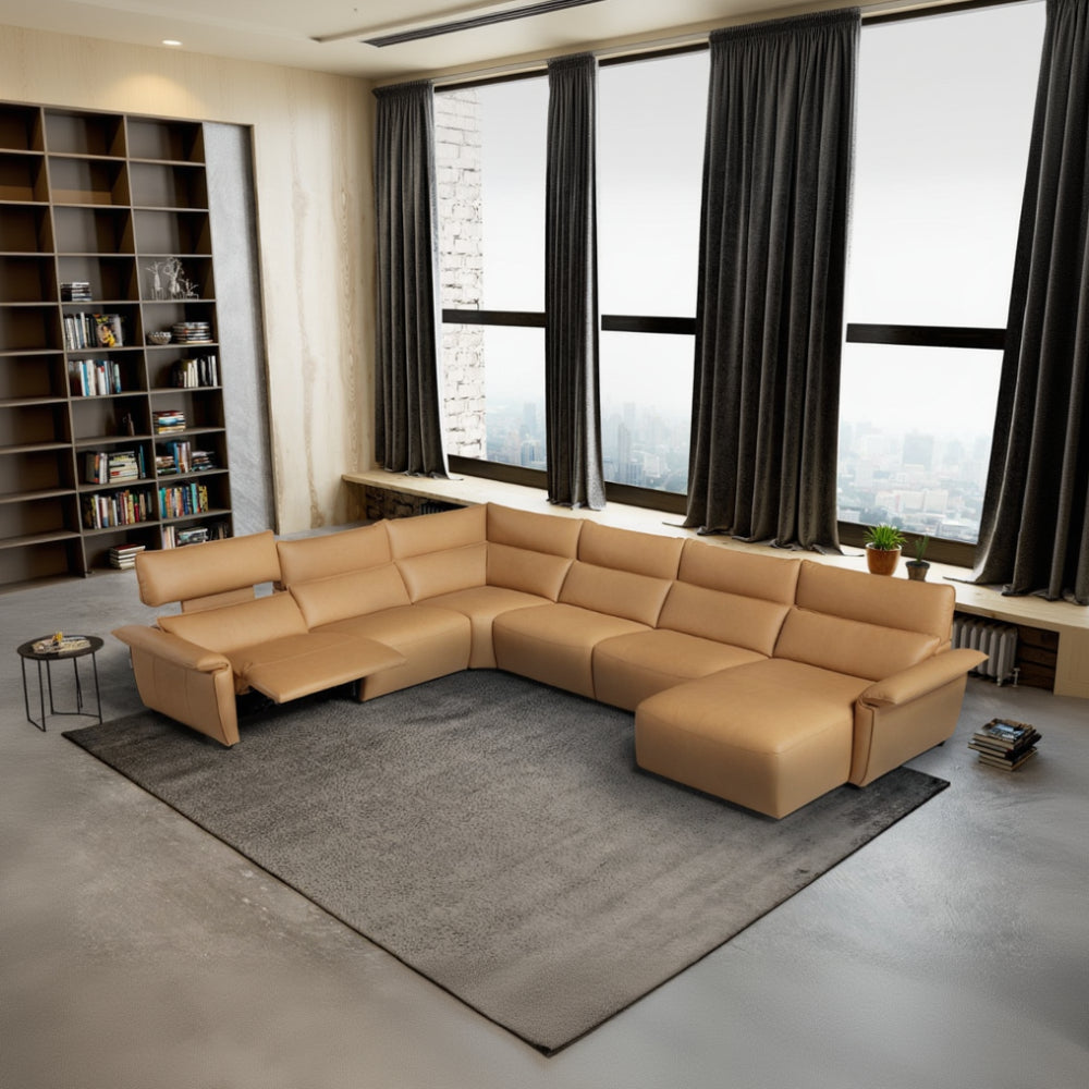 Rinconera con chaiselongue modelo PUGLIA con cabezal eléctrico ajustable y asiento relax en Piel