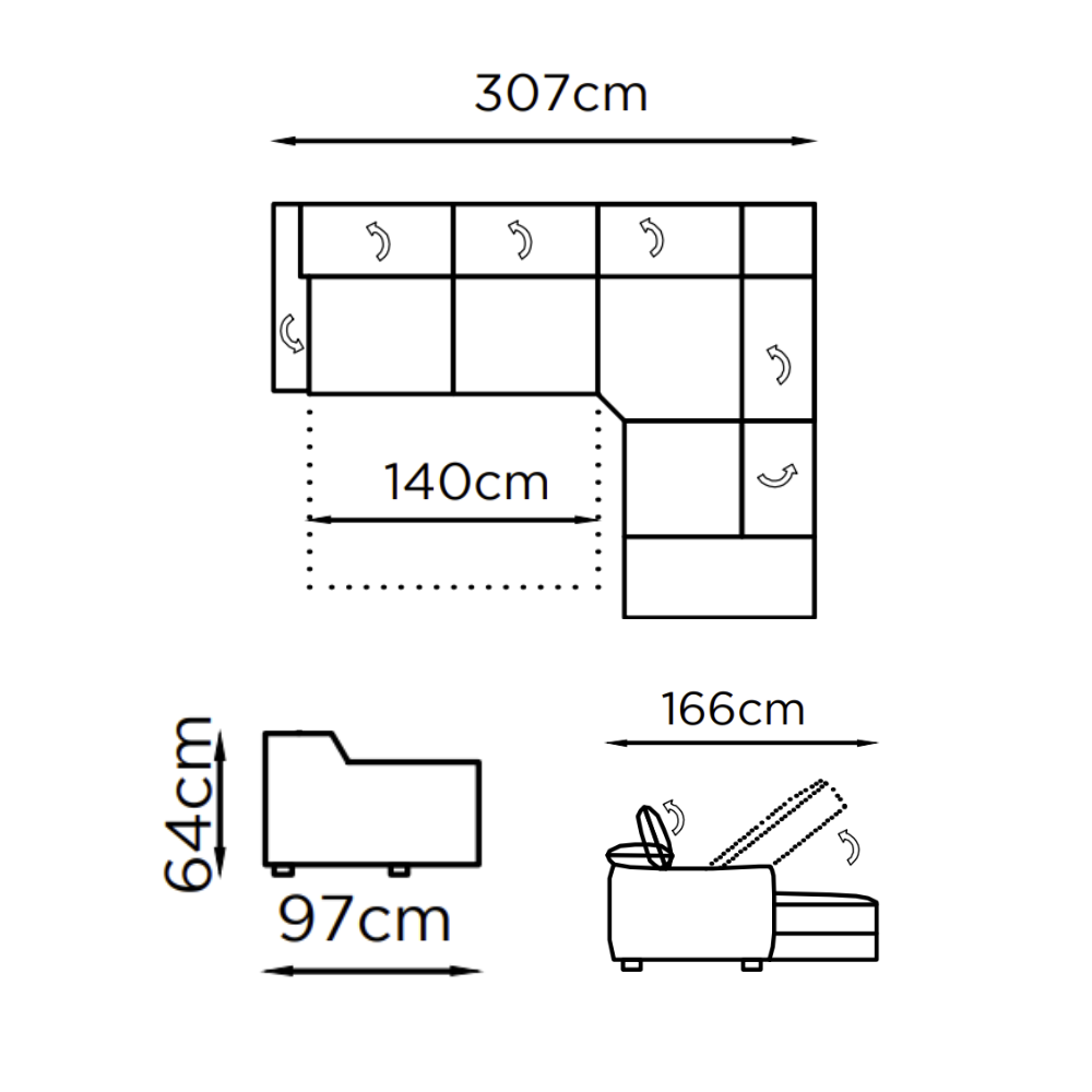 Rinconera cama modelo DINAMO en tela con asientos relax