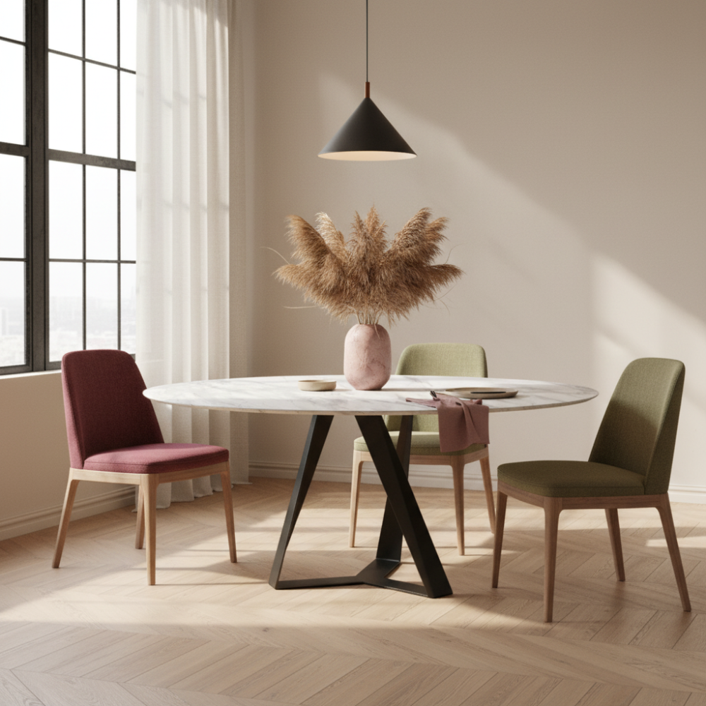 Mesa comedor de diseño circular Modelo Tryp Tapa Porcelanico