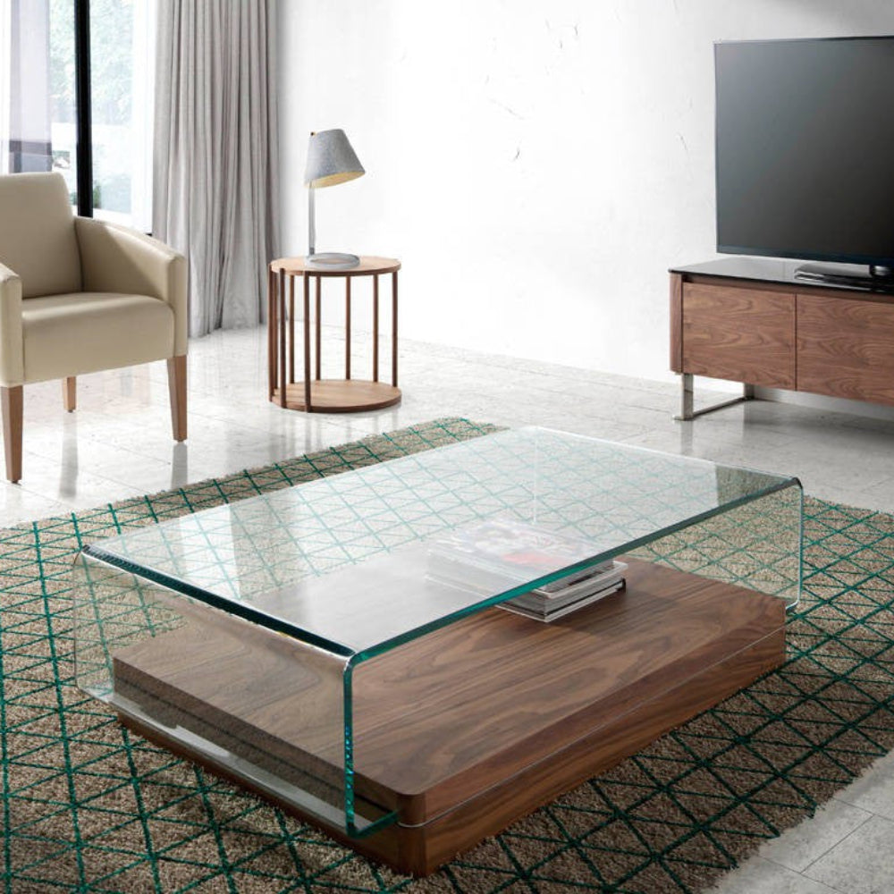 Mesa centro Madera Chapada Nogal Tapa Cristal Templado Curvado Colección Elegance