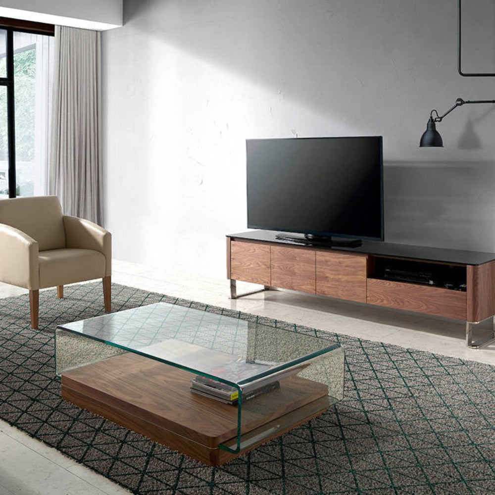 Mesa centro Madera Chapada Nogal Tapa Cristal Templado Curvado Colección Elegance