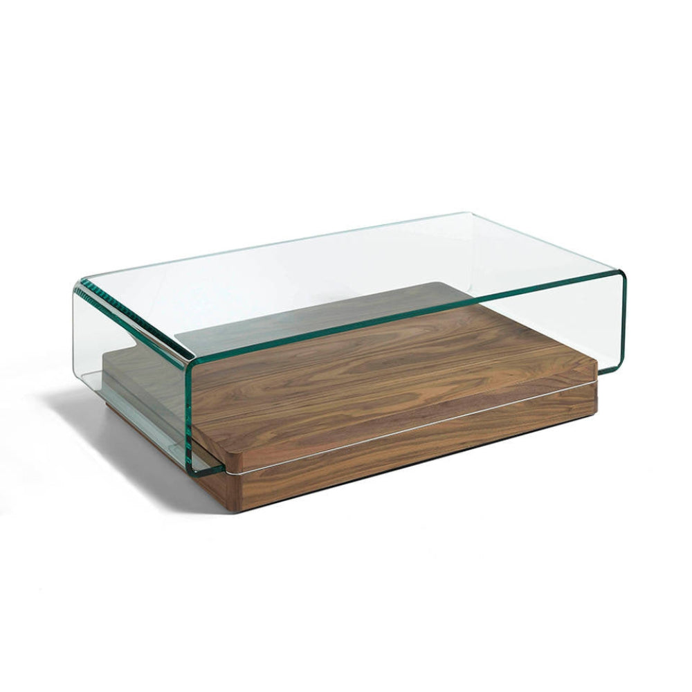 Mesa centro Madera Chapada Nogal Tapa Cristal Templado Curvado Colección Elegance