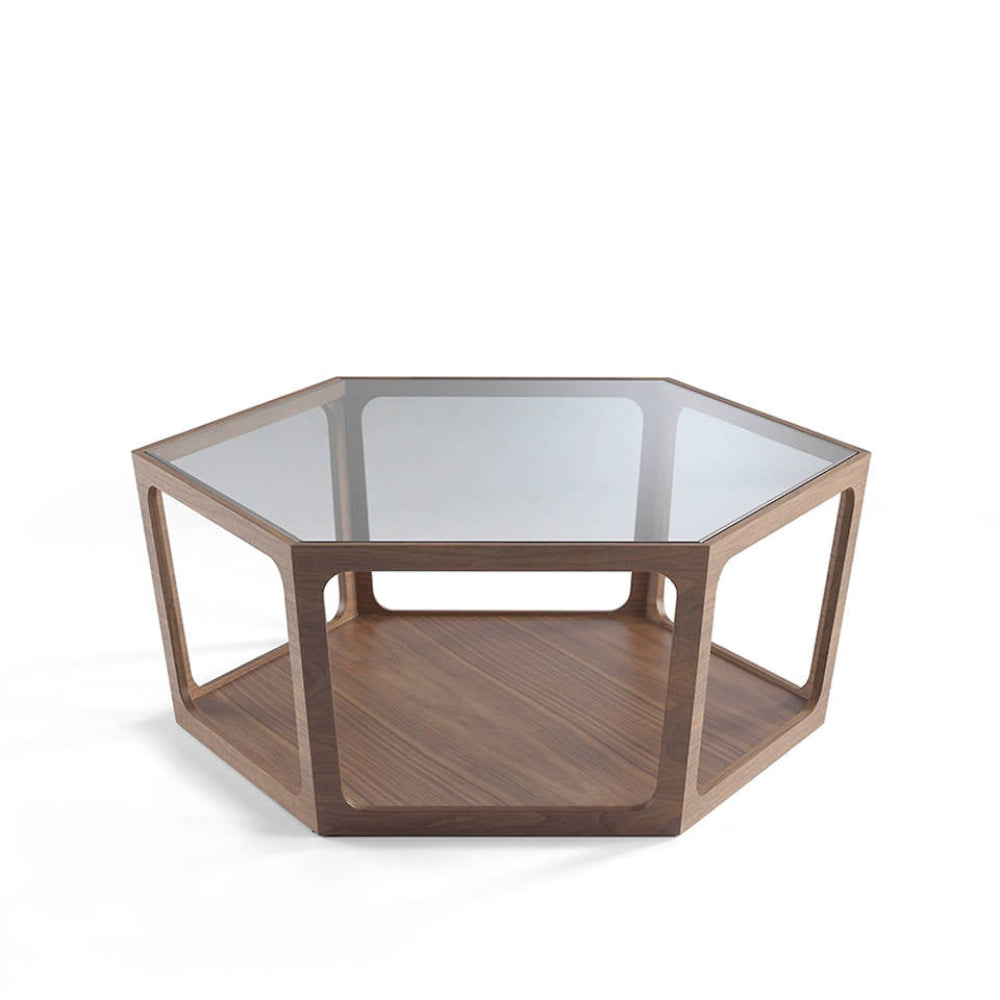 Mesa centro Nogal y Cristal Templado Colección Elegance