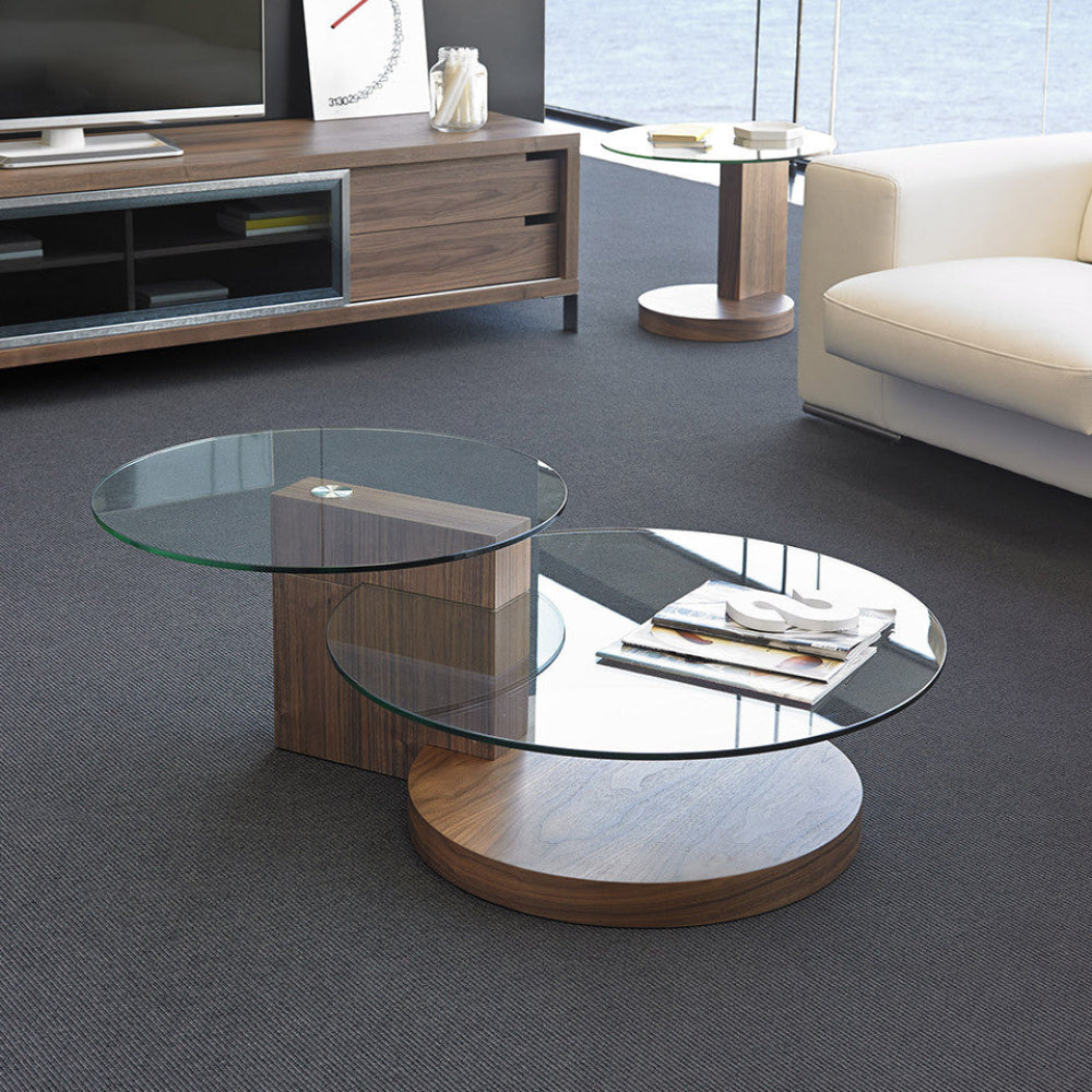 Mesa de centro de diseño en chapa nogal con tapa cristal