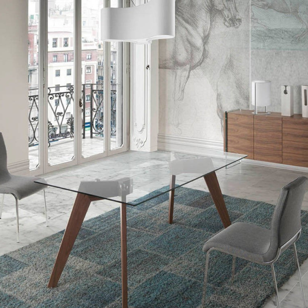 Mesa de comedor con patas de madera chapadas en nogal modelo ELEW1008DT Sidivani