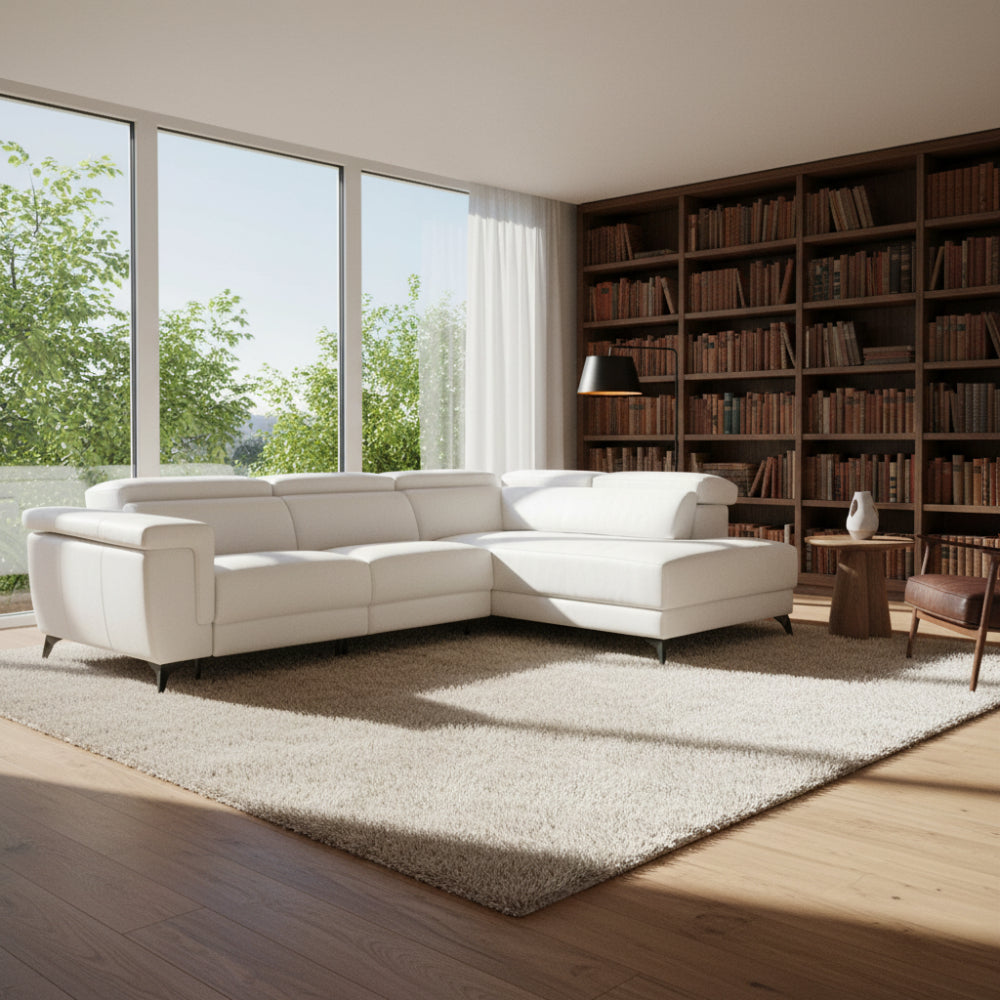 Rinconera diseño abierto con 2 asientos relax motorizados modelo RENZZO Tapizado Piel