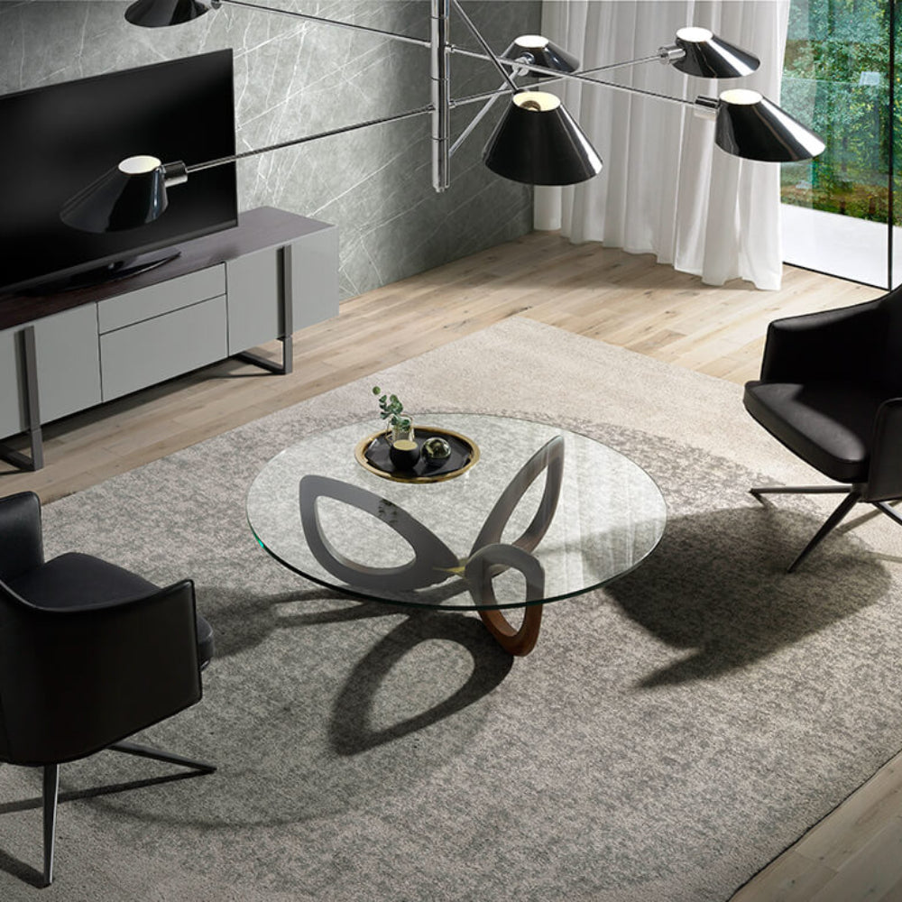 Mesa centro Cristal y Estructura de Madera Colección Elegance
